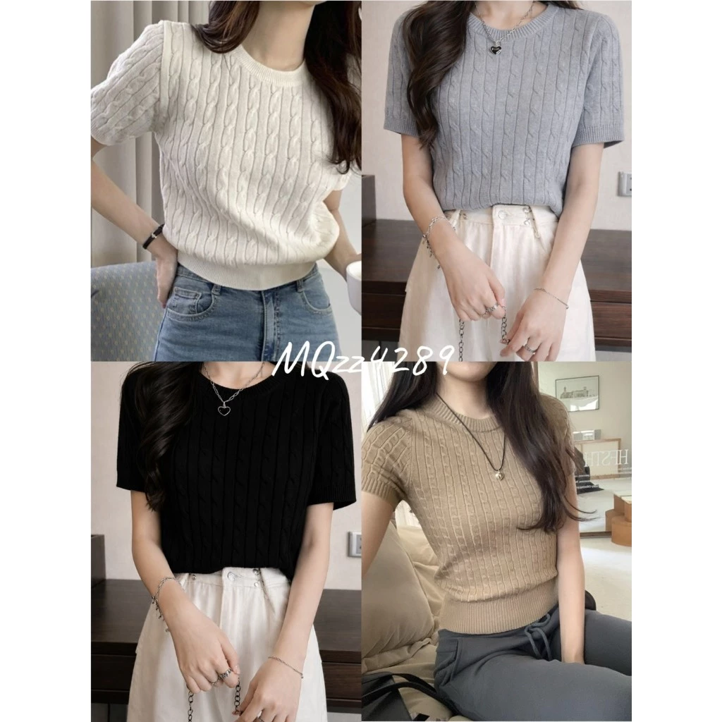 MQzz4289 *พร้อมส่ง* เสื้อไหมพรมแขนสั้น เสื้อยืดผู้หญิง กันหนาว ลายถักยาว ใส่ดูดี เข้ารูปหุ่นดี อก 40 นิ้วใส่ได้ Freesize