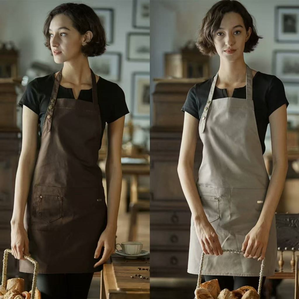 【ขายส่ง】ผ้ากันเปื้อนผ้าใบกันน้ำ สำหรับบริกรและเชฟร้านอาหาร กันคราบน้ำมัน มีกระเป๋า ปรับสายรัดคอได้