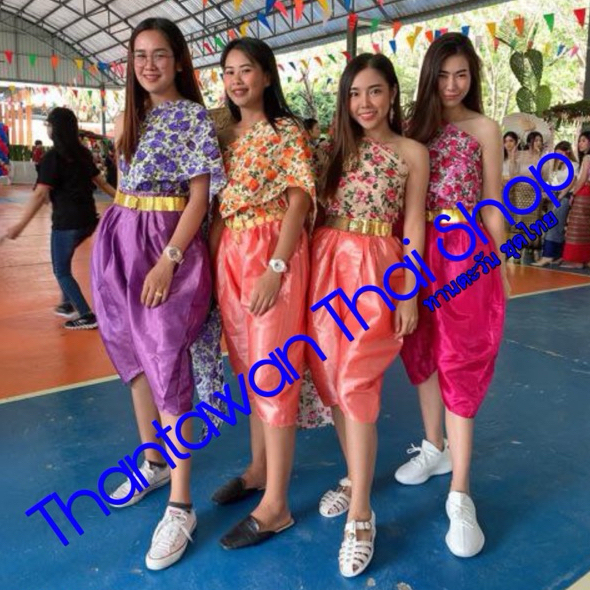 ชุดไทย(2 ชิ้น)(รุ่นเก่า) สไบลายดอก+โจงกระเบน (ยางยืด)