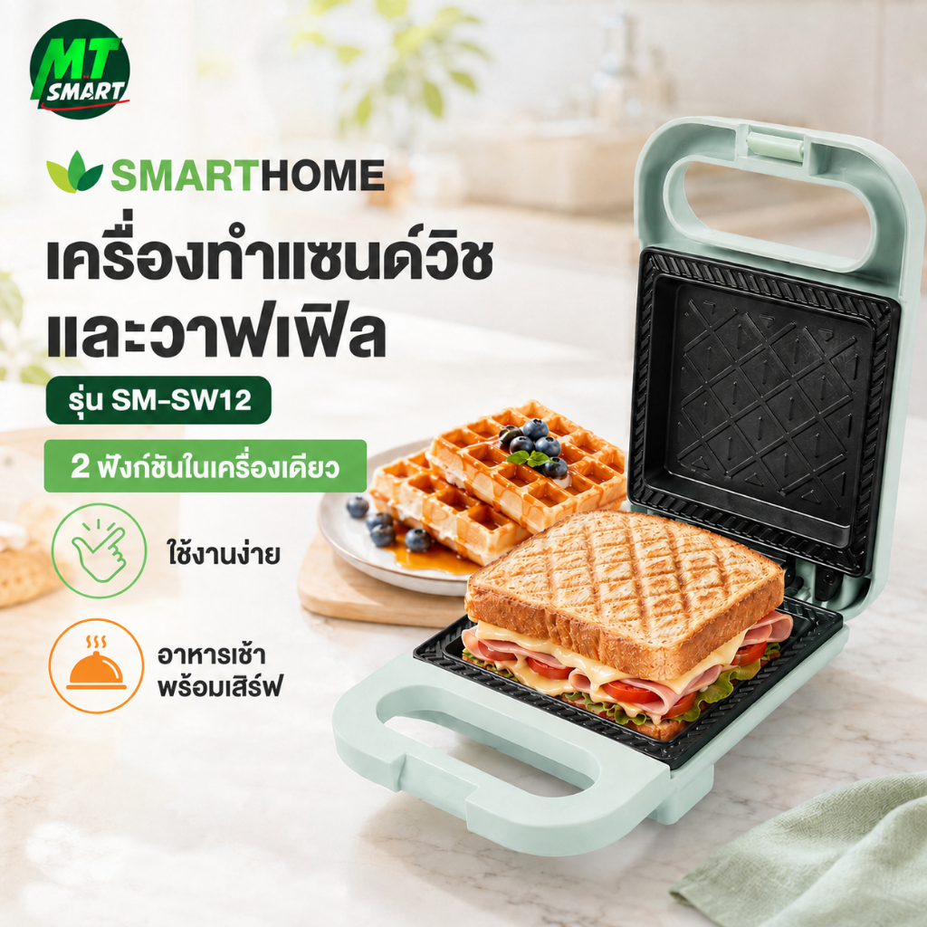 SMARTHOME เครื่องทำแซนวิชและวาฟเฟิล รุ่น SM-SW12 สีเขียวมิ้นท์ (รับประกัน 3 ปี) เครื่องทำขนมปัง อาหารเช้า Sandwich Maker