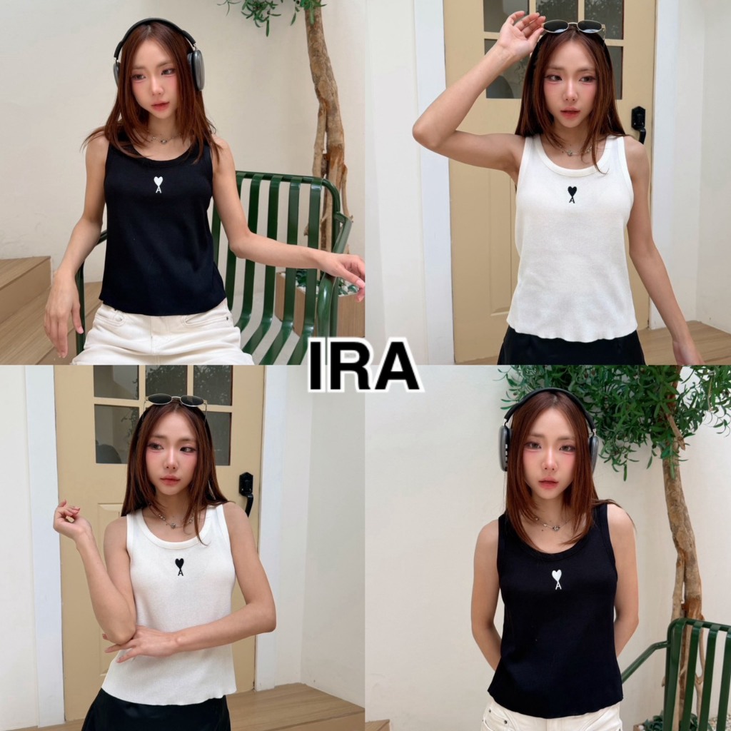BY IRA (1165) ท็อปสายเดี่ยว งานป้ายแต่งลายปักซิกเนอเจอที่อก