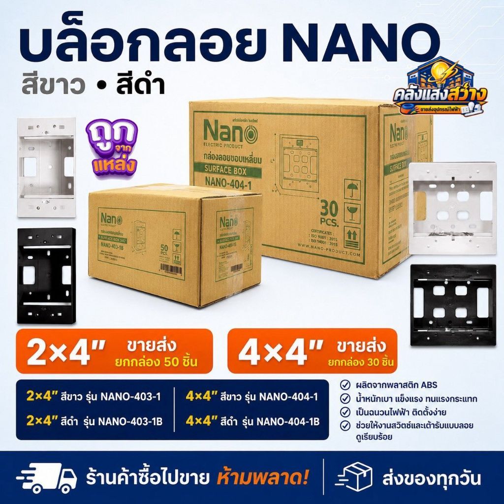NANO บล็อกลอย 2x4 4x4 นิ้ว สีขาว/สีดำ กล่องลอยติดผนัง Surface Box รุ่น NANO-403-1 / 403-1B / 404-1 / 404-1B ขายส่งยกกล่อ
