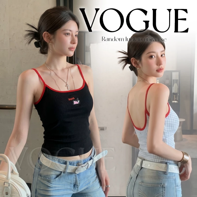 Vogue🌟พร้อมส่ง🌟 เสื้อยืดสายเดี่ยวลายการ์ตูนผสมผ้าสก็อต รุ่นใหม่ฤดูร้อนมีฟองน้ำในตัว สวยน่ารัก (FY3023)