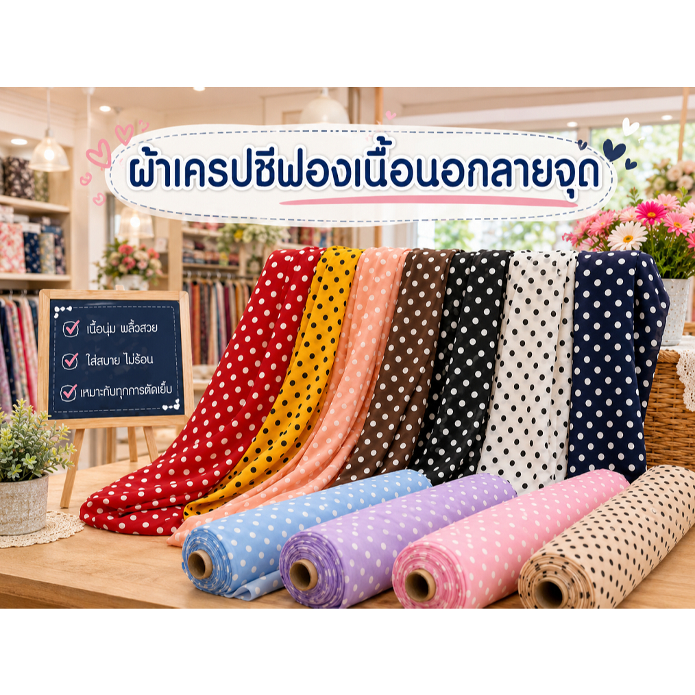 ผ้าเมตร เครปชีฟอง ผ้าไหมอิตาลี ผ้าพีชสกรีน ผ้าเครปชีฟองลายจุด ผ้าลายจุด ขนาด 8 มิล สีมาใหม่ หน้ากว้าง 55 นิ้ว ลายใหม่
