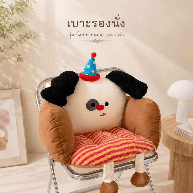 พนักพิงลายน้องหมาหูดำ เบาะรองนั่งมีพนักพิง ลายการ์ตูน เบาะรองเก้าอี้ เบาะนั่งทำงาน เบาะนักเรียน เบาะนั่งนานไม่ปวดก้น ขนา