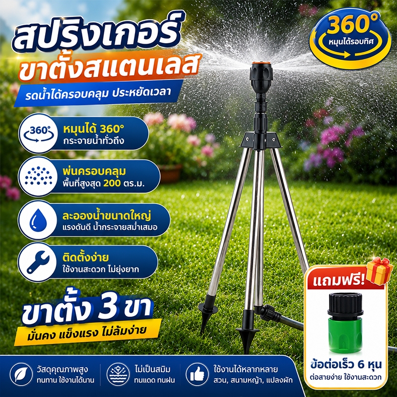 จำลองแวดล้อมฝนตกธรรมชาติ สปริงเกอร์น้ำ สปริงเกอร์สวน โครงสร้างสามเหลี่ยมมั่นคง ระยะฉีดพ่น 16-24 เมตร ปรับความสูงได้