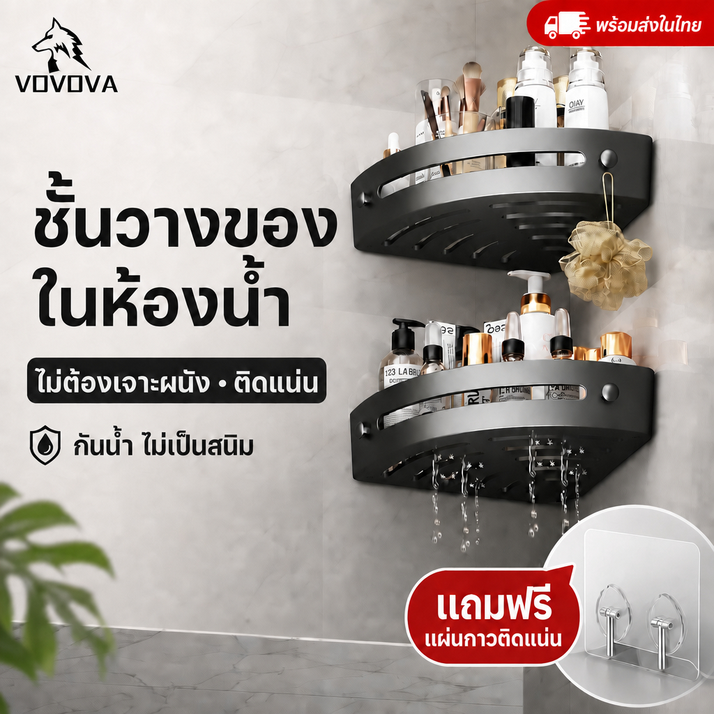 VOVOVA [พร้อมส่ง] ชั้นวางของในห้องน้ำ ชั้นวางของเข้ามุม ไม่ต้องเจาะผนัง กาวติดแน่น รับน้ำหนักได้ดี ไม่เป็นสนิม