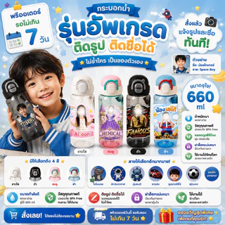 ขวดน้ำเด็ก ติดชื่อ ติดรูป กระบอกน้ำเด็ก 2in1 (ติดชื่อฟรี) ขวดน้ำ กระติกน้ำ ดูดได้/กระดกได้ หลอดกดกระเด้ง 600ml.
