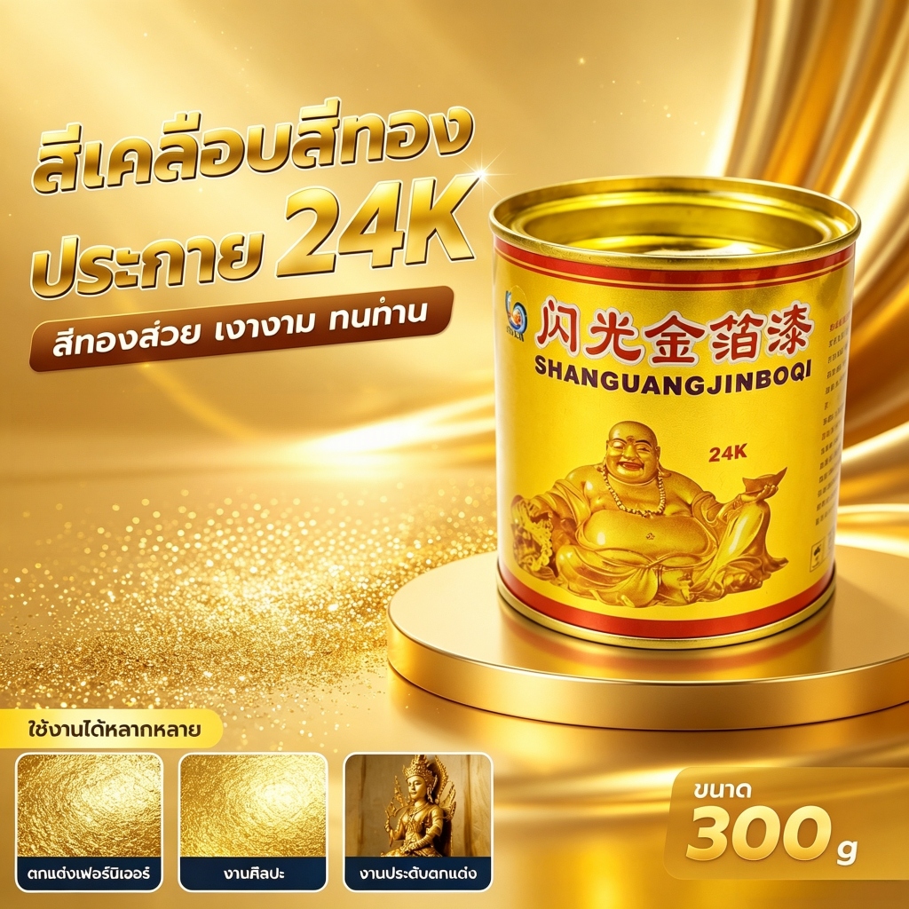 สีทองเงางามสไตล์ 24k ขนาด 300 กรัม สำหรับทาพระพุทธรูป ป้าย ชิ้นงานศิลปะ งานตกแต่ง กันน้ำ ทนต่อสภาพอากาศ พร้อมส่ง