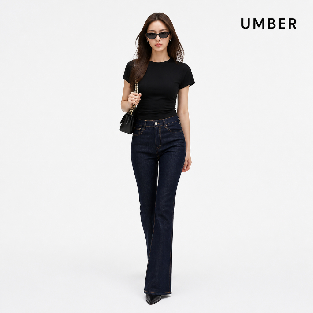 UMBER JEANS#5039 กางเกงยีนส์ขากระดิ่งผู้หญิง เอวสูง ยีนส์สีเข้ม ทรง Bootcut พรางหุ่น ใส่แล้วสูง สไตล์เกาหลี