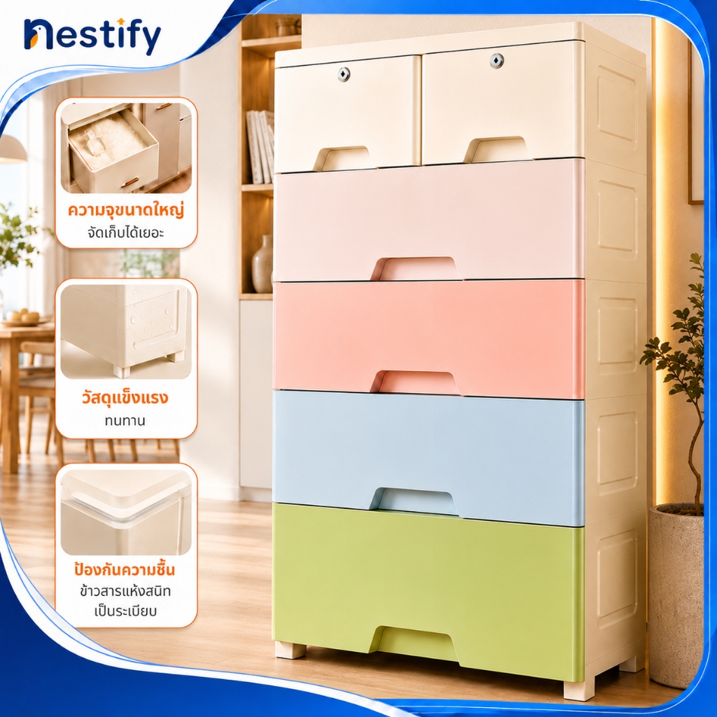 Nestify ลิ้นชัก ลิ้นชักใส่เสื้อผ้า 3-7ชั้น ตู้เสื้อผ้า มีล้อ เป็นมิตรกับสิ่แวดล้อม สีสลับ มีล้อ ล็อคได้