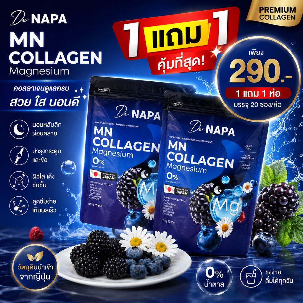2 ห่อ 40 ซอง De NAPA MN COLLAGEN Magnesium คอลลาเจนแมกนีเซียม 20 ซอง 0% น้ำตาล สูตรนำเข้าจากญี่ปุ่น