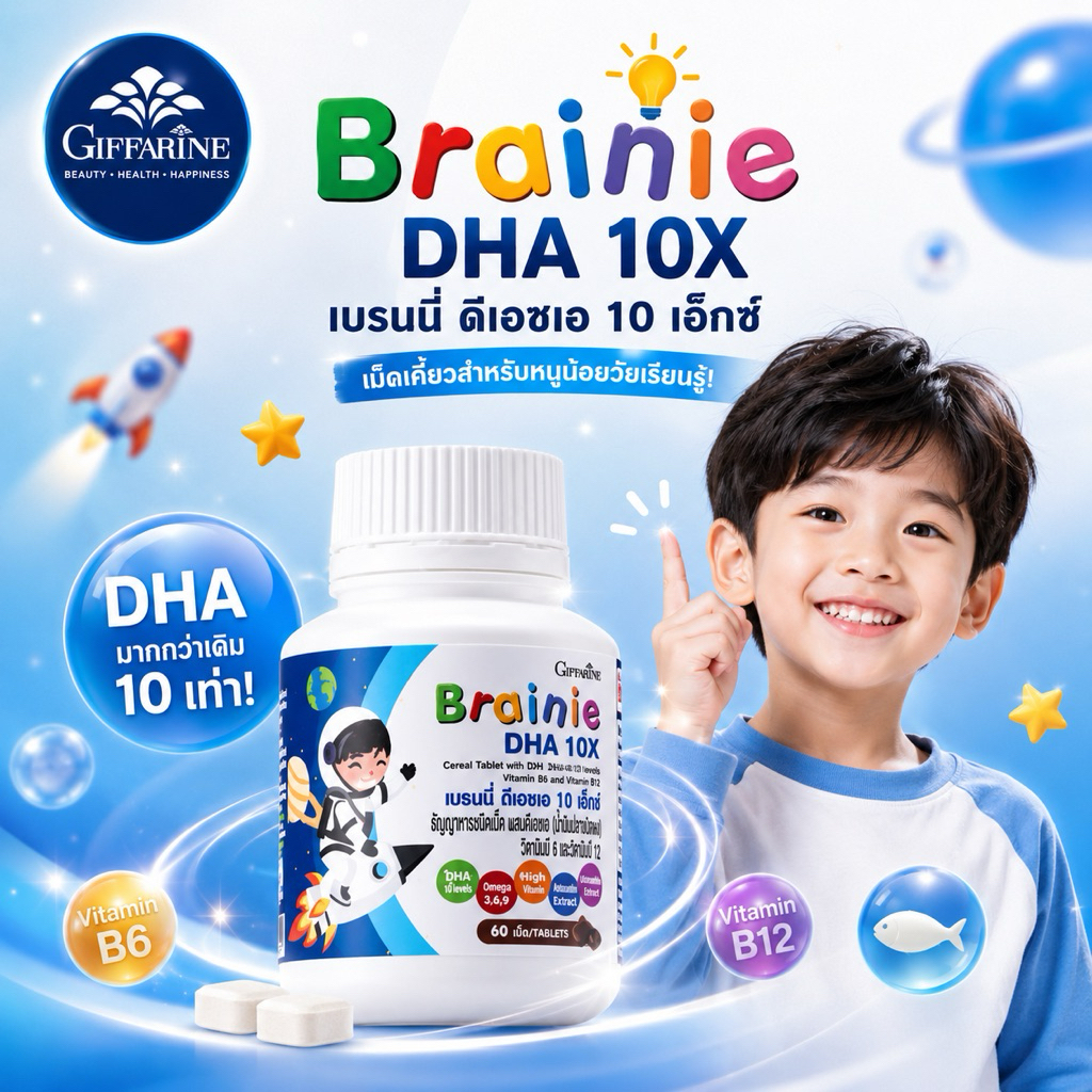 DHA10x กิฟฟารีน ดีเอชเอ รสช็อกโกแล๊ต บำรุงสมอง ความจำ สมาธิสั้น เม็ดเคี้ยว สำหรับเด็ก