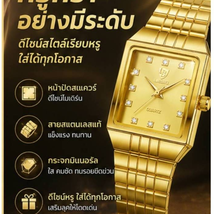 นาฬิกาข้อมือผู้ชาย LIEBIG สีทอง รูปสี่เหลี่ยม หน้าปัดประดับคริสตัล สายสแตนเลส กลไกควอตซ์ กันน้ำ สไตล์วินเทจคลาสสิก