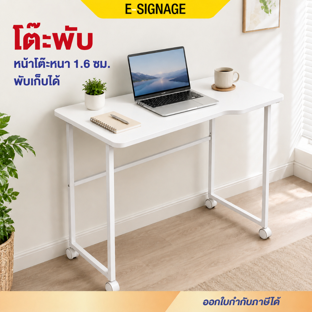esignagemall โต๊ะพับมีล้อ 90cm สำหรับทำงาน อ่านหนังสือ ใช้คอมพิวเตอร์ เคลื่อนย้ายสะดวก พับเก็บง่าย ประหยัดพื้นที่