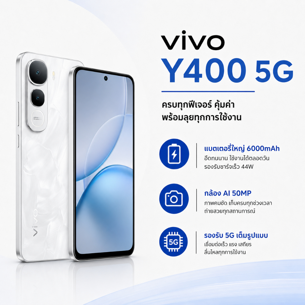 VIVO Y400 5G 8/256GB โทรศัพท์มือถือ 5G สมาร์ทโฟน AMOLED 120Hz กล้อง 50MP แบต 6000mAh ชาร์จเร็ว 80W เ