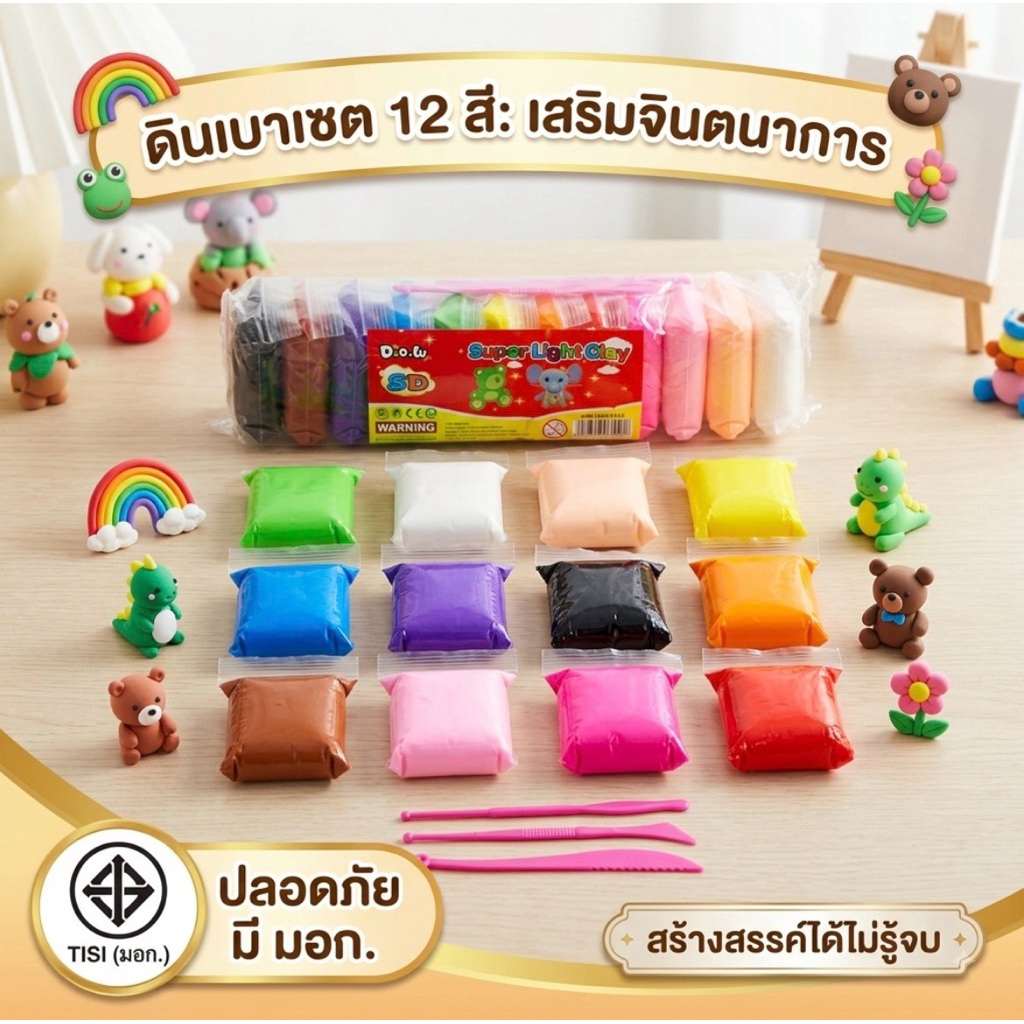 ดินเบา 12 สี พร้อมอุปกรณ์3ชิ้น light clay ของเล่นศิลปะ เสริมพัฒนาการสำหรับเด็ก ดินปั้นเด็ก ดินเบา