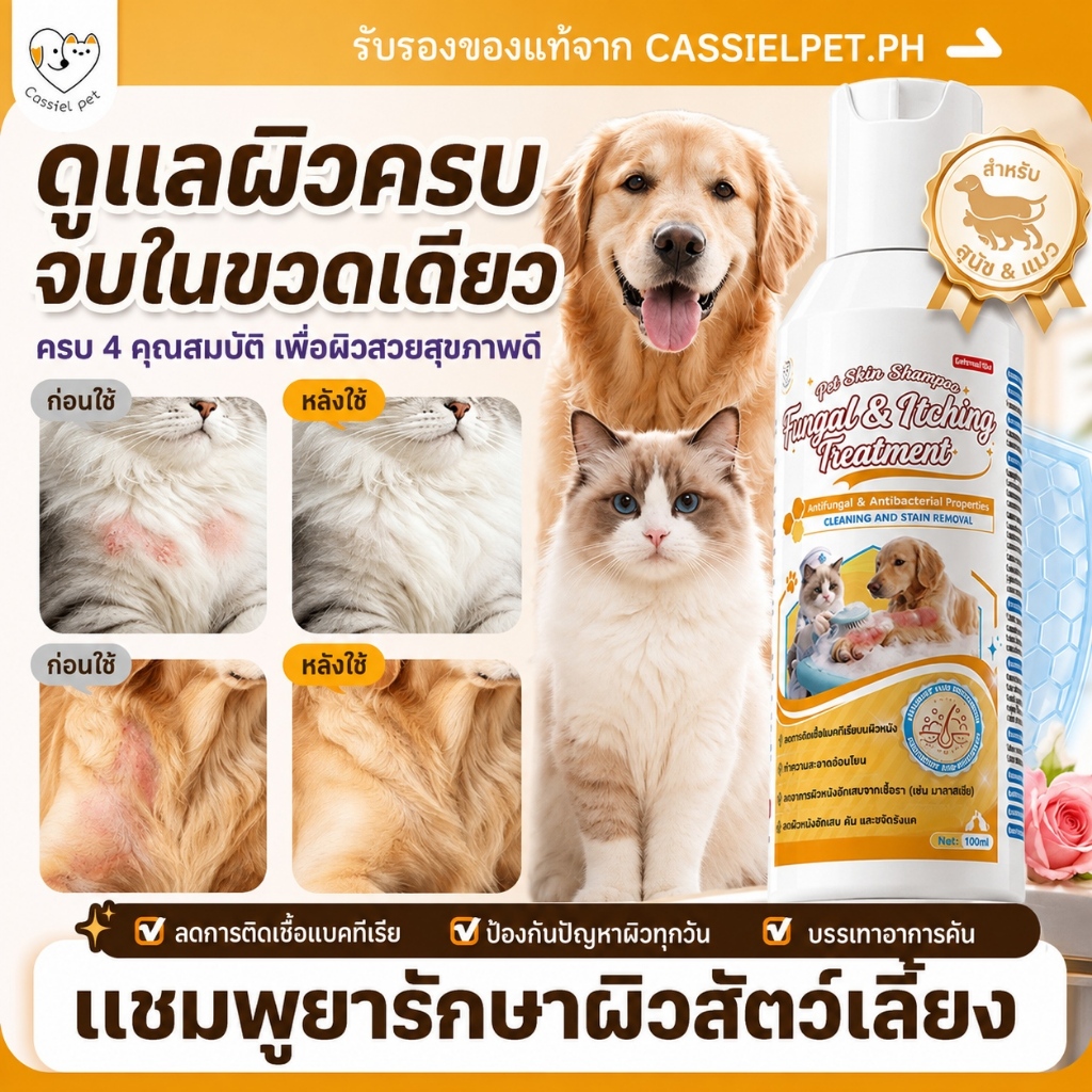 Cassiel Petแชมพูสุนัขและแมว | สูตรต้านเชื้อราและแบคทีเรีย | บรรเทาอาการคันผิวหนัง | สารสกัดจากกุหลาบ| ดูแลผิวสัตว์เลี้ยง