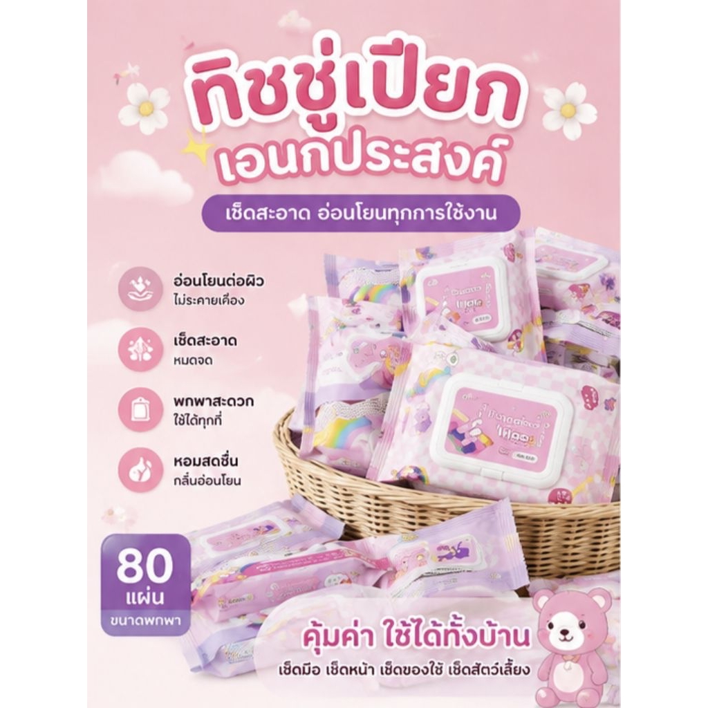ทิชชู่เปียก ไร้แอลกอฮอล์ 80 แผ่น
