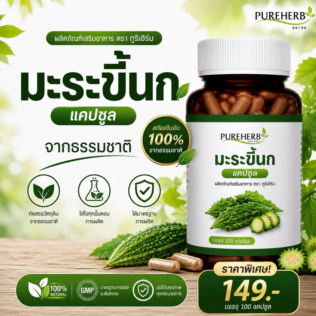 มะระขี้นก ภูรีเฮิร์บ บรรจุ 100 แคปซูล - (ส่งจาก กรุงเทพฯ)