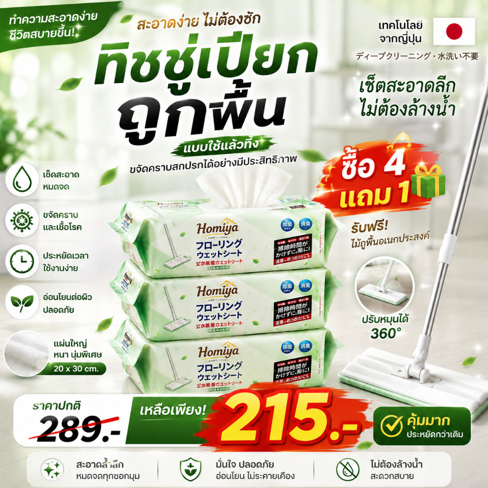 【COD】ผ้าเปียกถูพื้นแบบใช้แล้วทิ้ง 4 ห่อ แพ็กประหยัด สั่งวันนี้แถมไม้ถูพื้น เช็ดฝุ่น คราบ และเส้นผมได้ง่าย