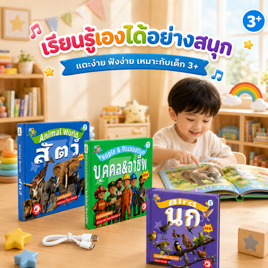 หนังสือพูดได้ แตะอ่าน ไทย-อังกฤษ เสริมพัฒนาการ 13 หัวข้อ คนและอาชีพ สัตว์และนก อายุ 3-10 ปี ชาร์จ Type-C