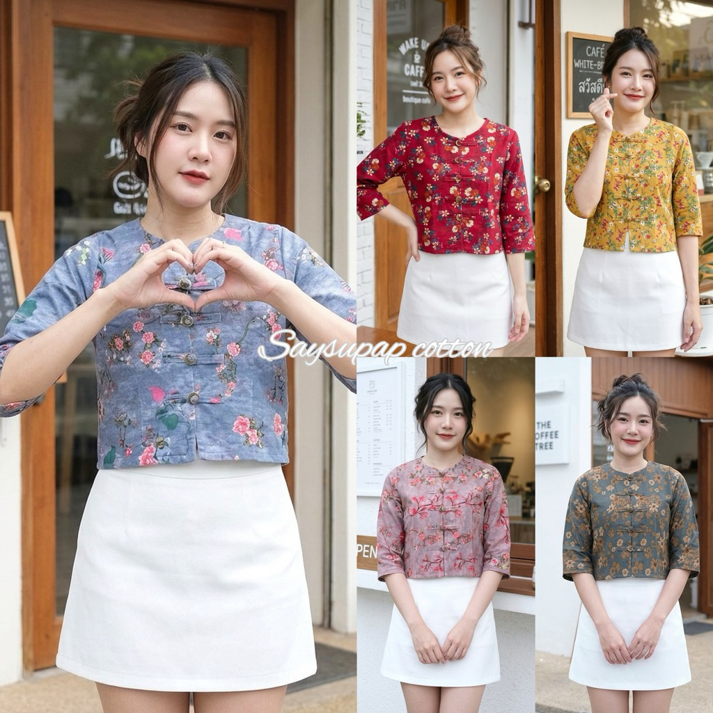 เสื้อกาสะลองผ้าฝ้ายลินินลายดอก
