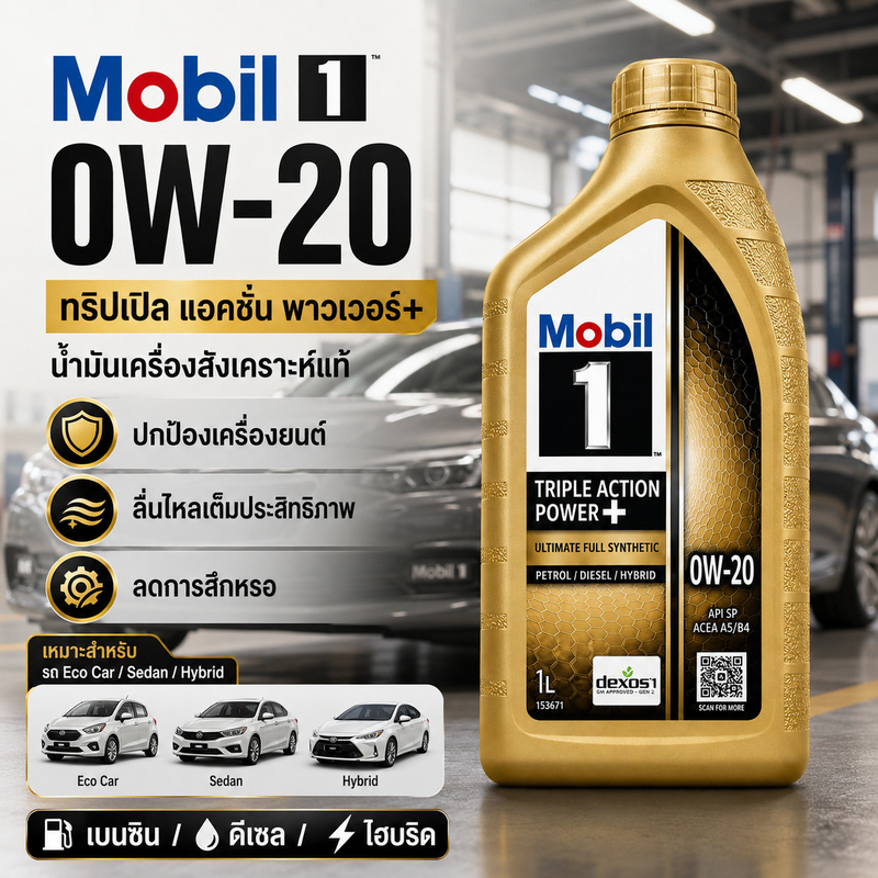 MOBIL 1 น้ำมันเครื่องเบนซิน โมบิล MOBIL 1 0W-20 Triple Action Power+ สังเคราะห์แท้ 100% เลือกขนาด 4 