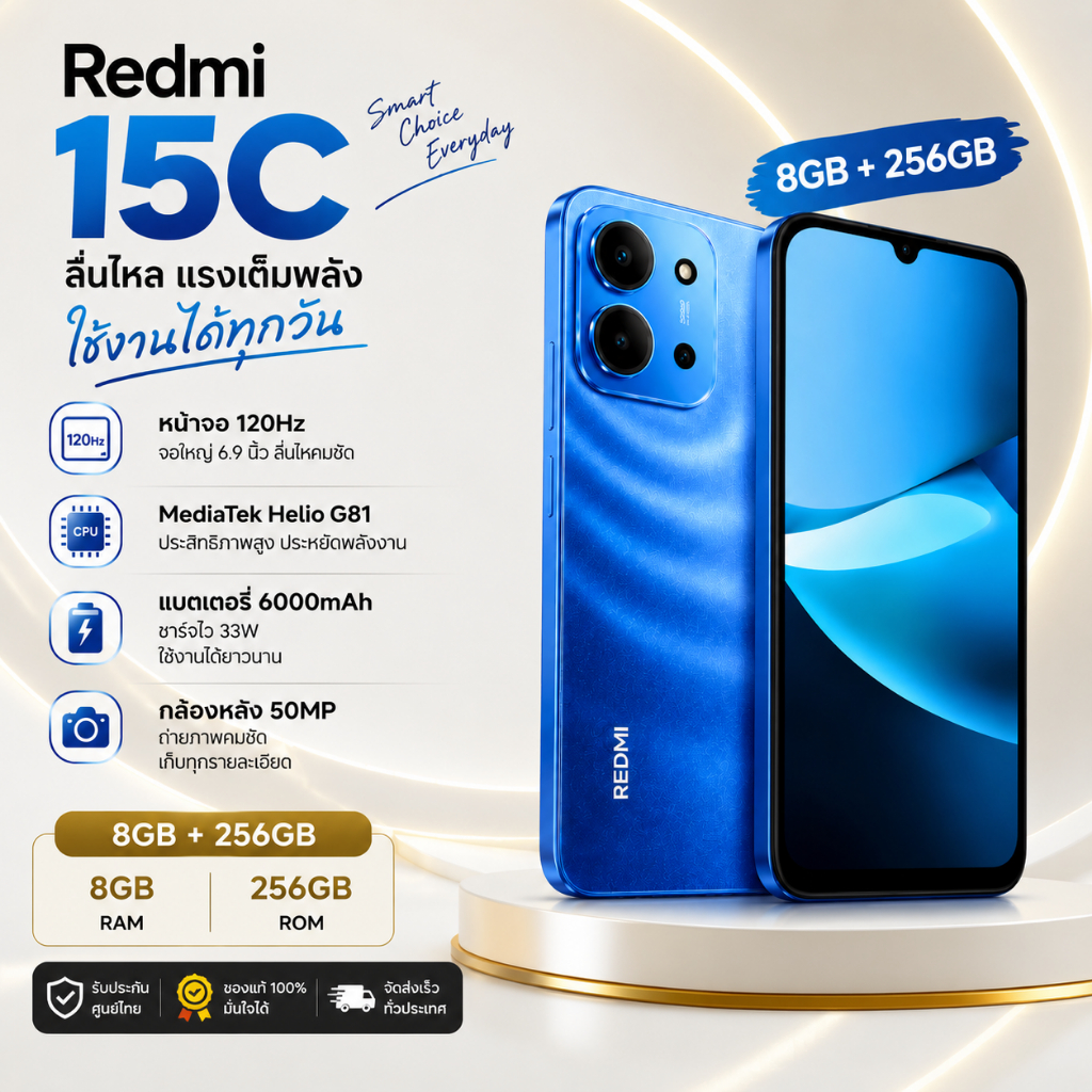 Redmi 15C 8GB+256GB หน้าจอ 6.9 นิ้ว 120Hz AI Camera 50MP แบตเตอรี่ 6000mAh ชาร์จเร็ว 33W