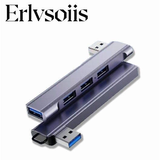 Erlvsoiis ฮับ USB 4 พอร์ต USB3.0+USB2.0 ตัวขยายพอร์ต อลูมิเนียม พกพาง่าย มีสายคล้องป้องกัน สำหรับแล็ปท็อป