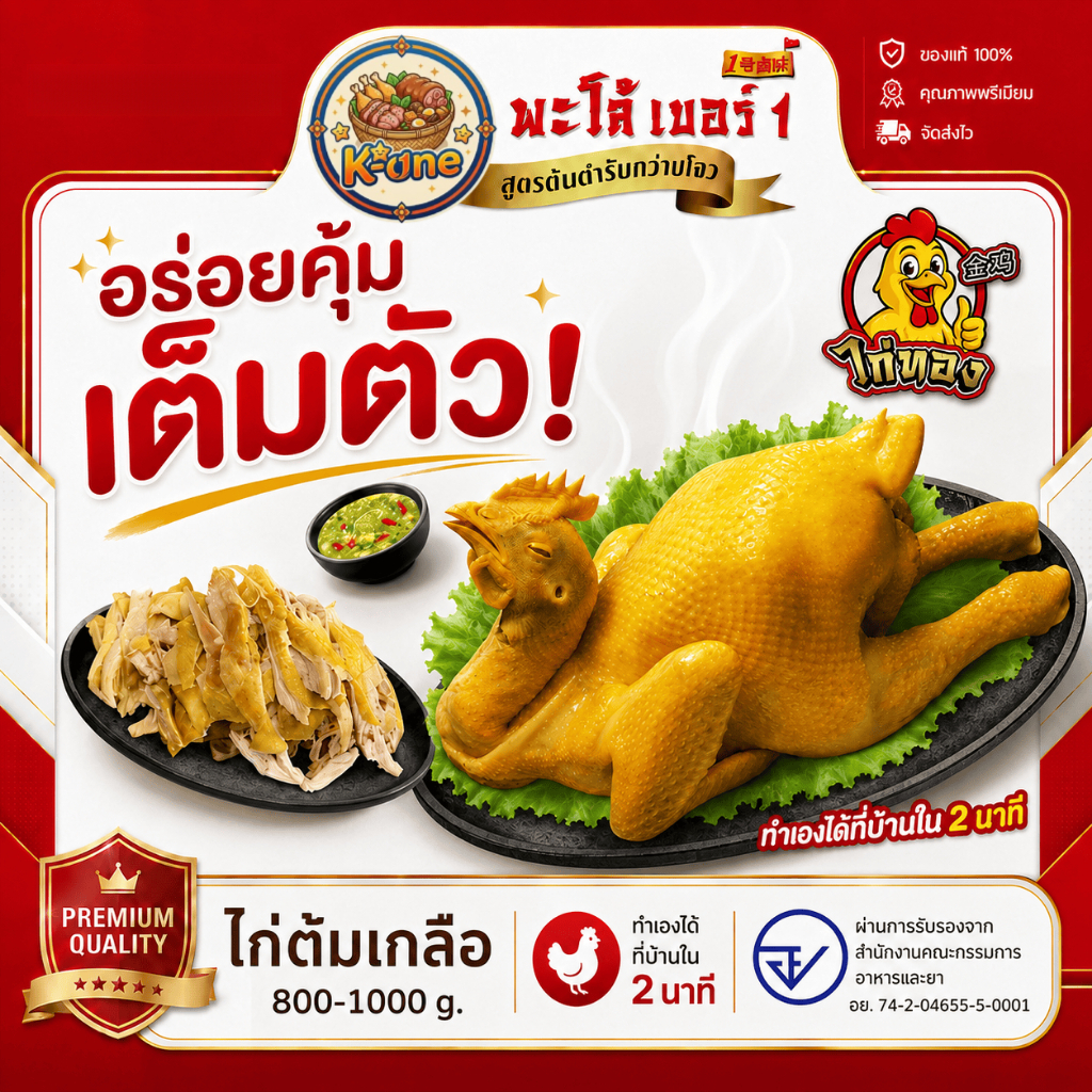 ไก่ต้มเกลือ (800-1000 กรัม) หนังกรอบ เนื้อนุ่มชุ่มฉ่ำ พร้อมรับประทาน ไม่ต้องหั่น เป็นชุดอาหารปรุงสุกพร้อมทานสำหรับครอบคร