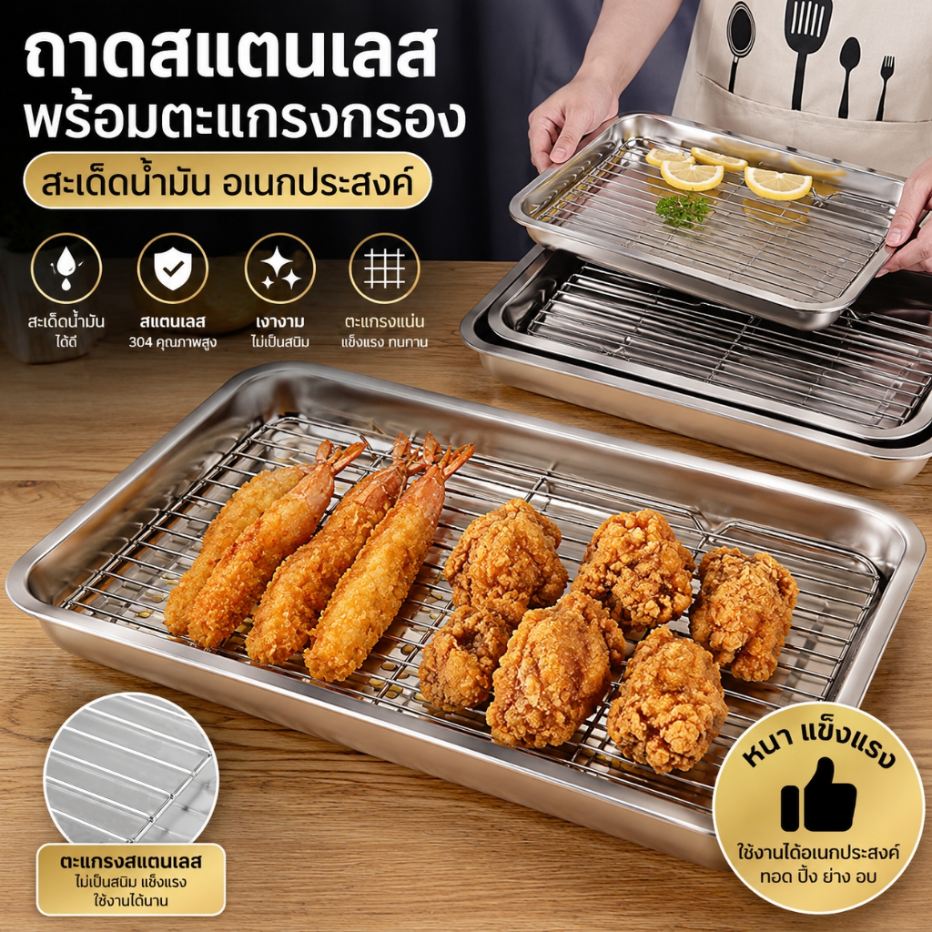 ถาดสแตนเลส 304 ชุดพร้อมตะแกรงสะเด็ดน้ำมัน มีให้เลือก 7 ไซส์ เนื้อหนา ไม่เป็นสนิม ครัวเรือน ทอดอาหาร ทำขนม