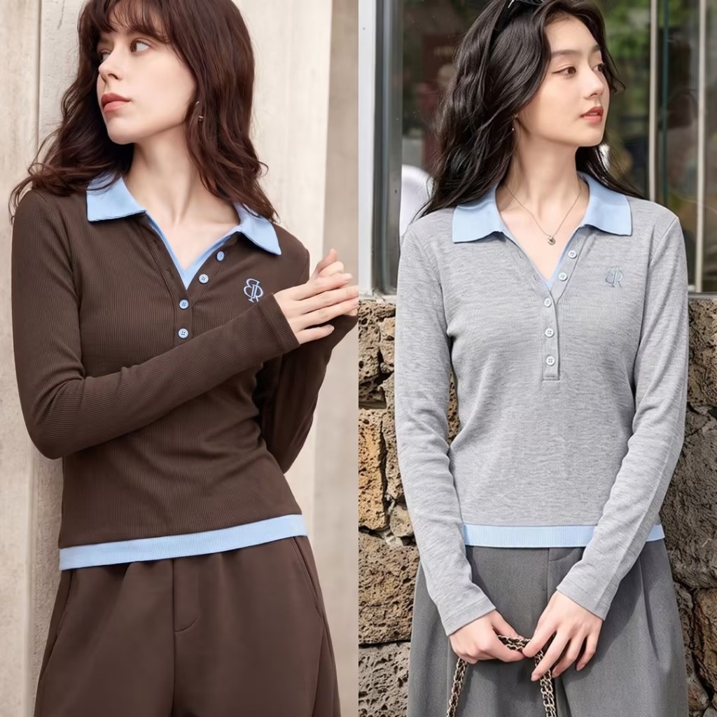 B&R พร้อมส่ง เสื้อโปโลแขนยาว POLO เสื้อปลอมสองชั้น ดีไซน์บล็อกสี ผู้หญิง ทรงเข้ารูป ดูผอมสวย สไตล์ลำลอง