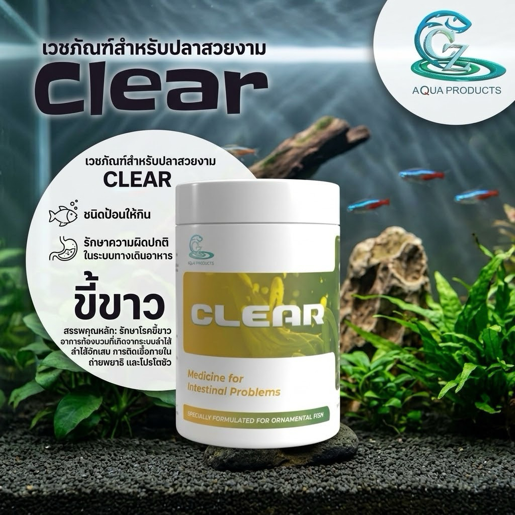 CZ Aqua Clear สำหรับปลาสวยงาม ชนิดป้อนให้กิน ความผิดปกติในระบบทางเดินอาหารสรรพคุณหลัก: ขี้ขาว ขี้เป็นวุ้น อาการท้องบวม