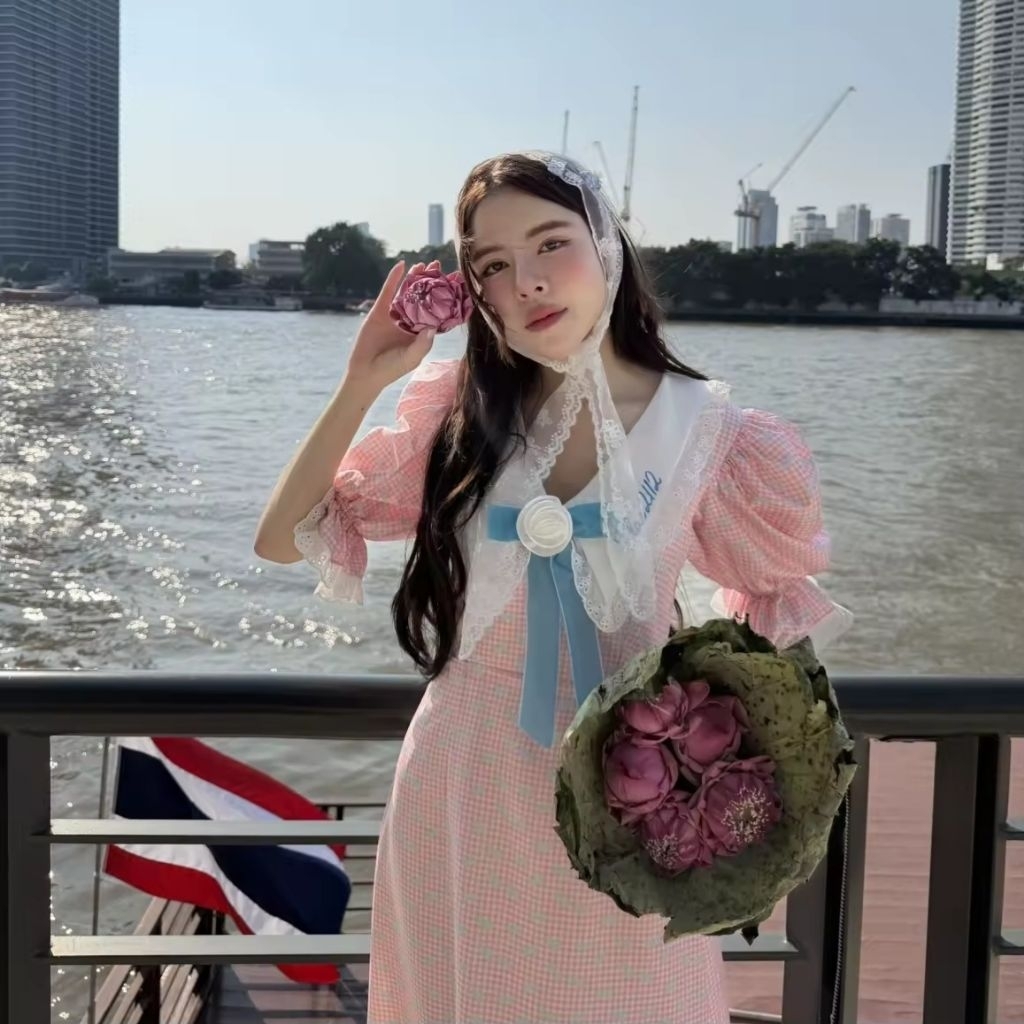 🌷FLAT2112 FF0541 : JOANNE YOUNG MAXI DRESS เดรสยาวเรียบหรู สี Pink Gingham💗*S