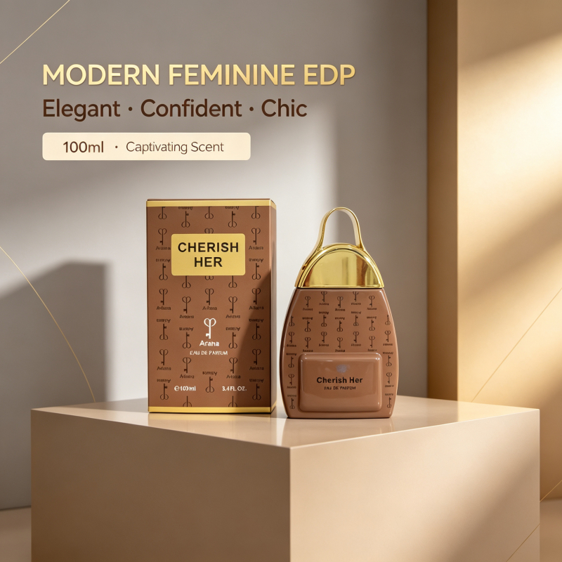 Ariana Cherish Her Eau De Parfum 100ml, Exquisite handbag-shaped brown perfume bottle with golden handle cap, matching k