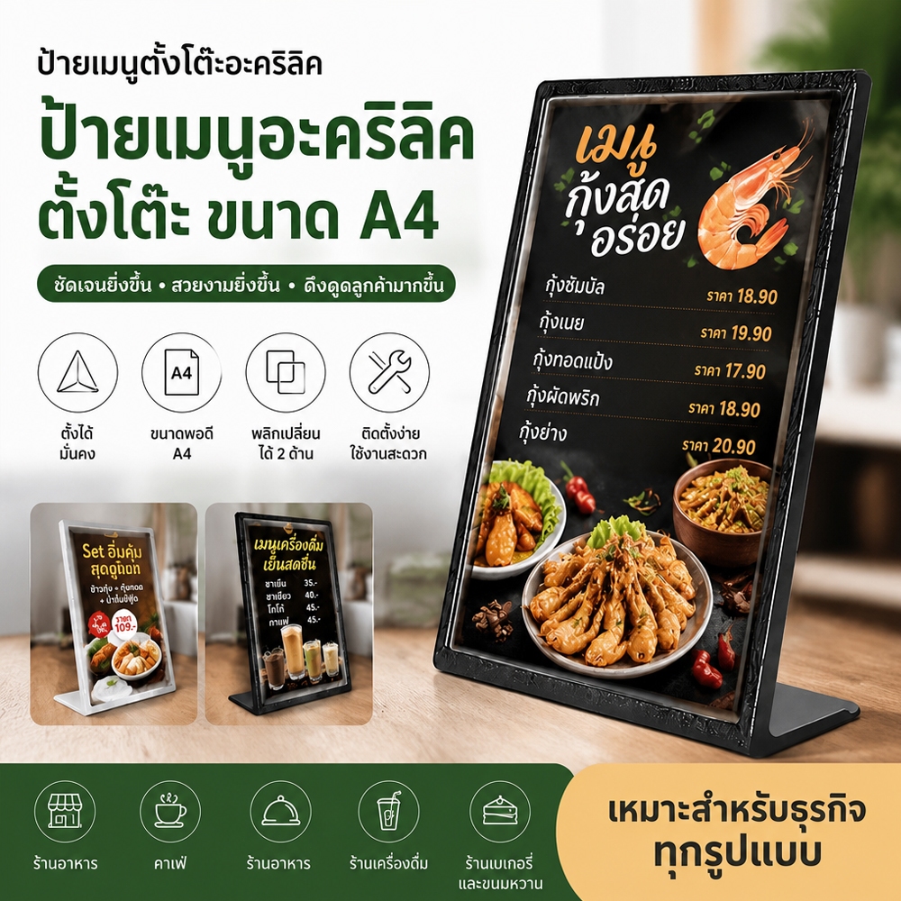 ขนาด A4 อะคริลิคใส ป้ายอะคริลิคตั้งโต๊ะ แบบสอดกระดาษ ป้ายตั้งโต๊ะร้านอาหาร สำหรับร้านอาหาร คาเฟ่ ร้านค้า