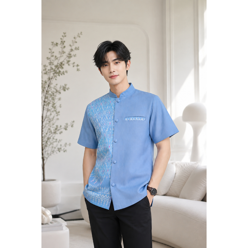 TS028 เสื้อเชิ้ต คอจีน กระดุมหน้า กระเป๋าใช่งานได้จริง งานอัดกาวทั้งชุด (S-5XL)