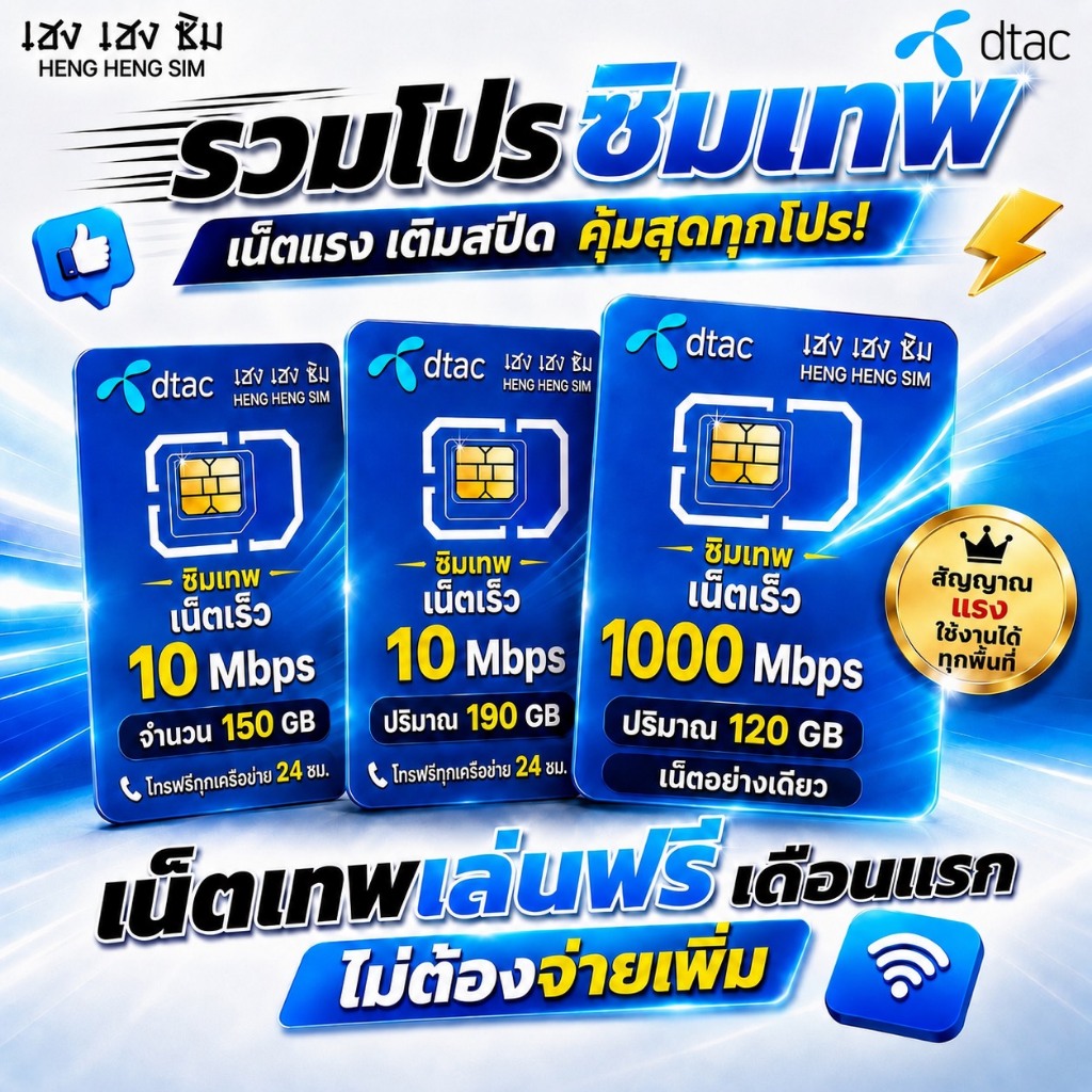 DTAC ซิมเทพ ( เล่นฟรีเดือนแรก ) เน็ตความเร็ว 6-1000 Mbps ไม่ลดสปีด ไม่จำกัด+โทรฟรีทุกค่าย 24 ชม. [ ดีแทค ]