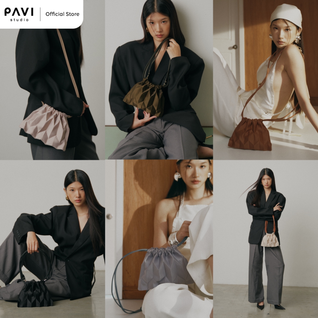 Pavi Studio - W Mini Pull กระเป๋าผ้าอัดพลีทลาย W สายหนังแท้ มี 6 สี