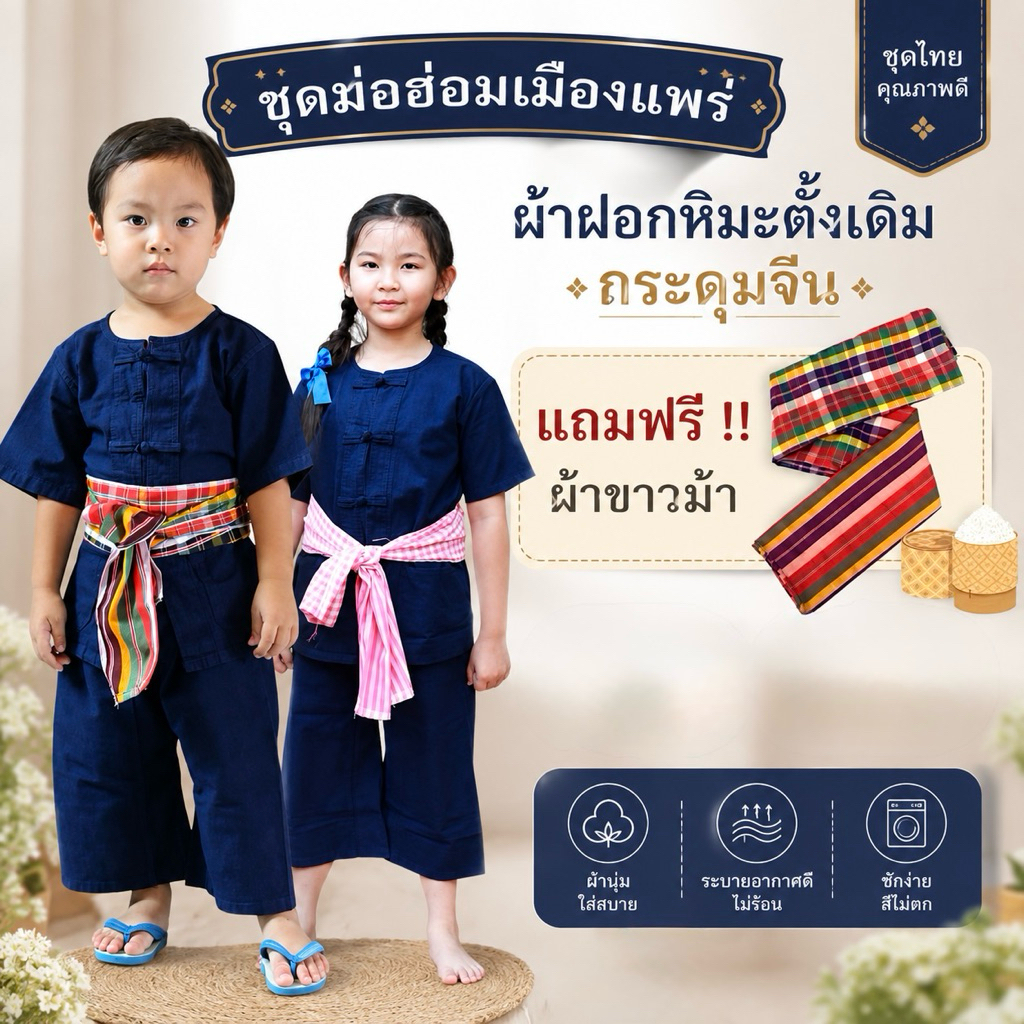 แถมผ้าขาวม้า ผ้าดีบอกต่อ ชุดม่อฮ่อมเด็กเมืองแพร่แท้( ทั้งชุด ) เนื้อผ้าดี #ผ้าฟอกหิมะ แบบดั้งเดิม ของแท้100เนื้อผ้าหนา