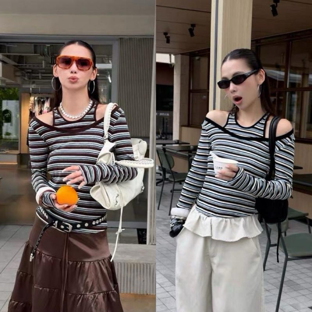 Glamorg1101-เสื้อแขนยาวปาดไหล่ ด้านในเป็นเสื้อกล้าม(เย็บติดกัน) ผ้ายืดลายทาง