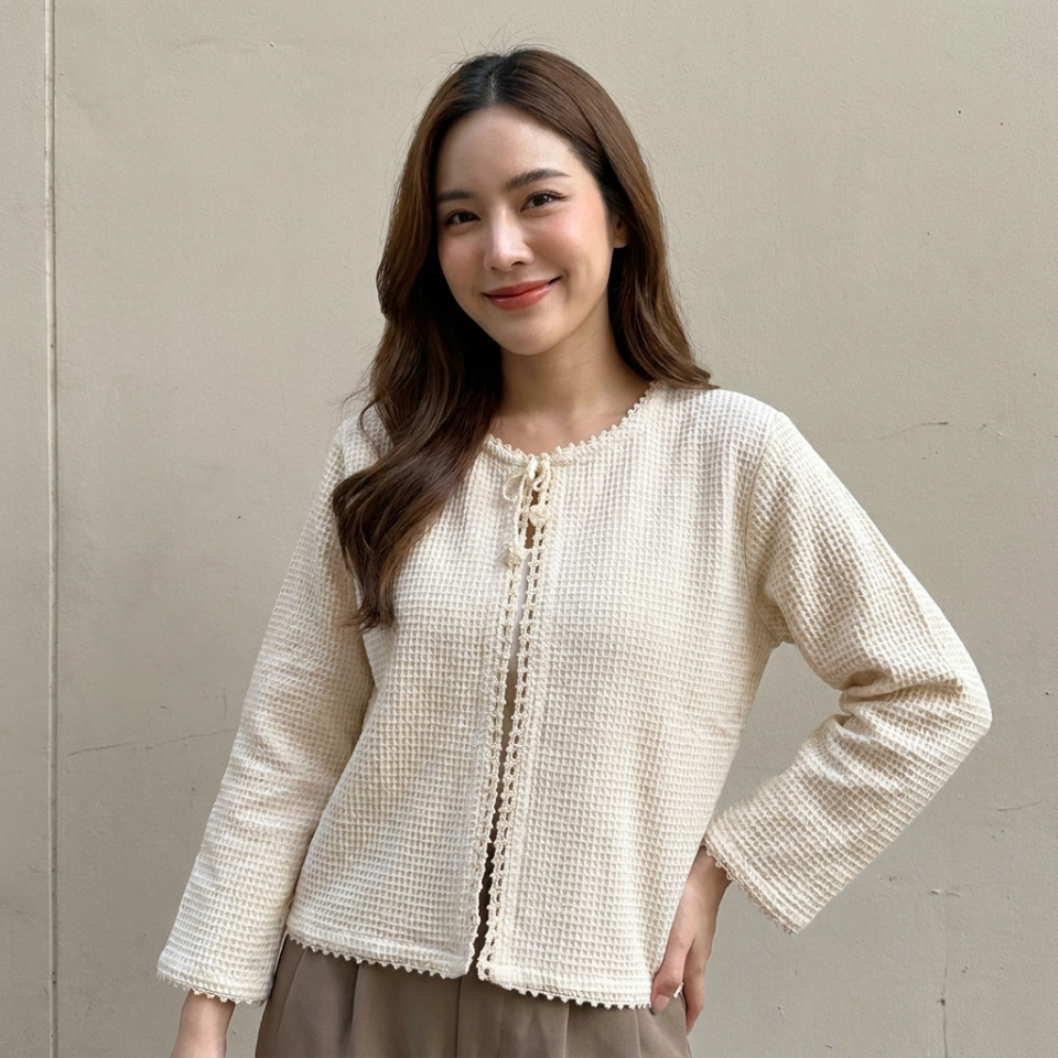 เสื้อคลุมผ้าฝ้ายรังผึ้งถักมือโครเช เนื้อนุ่มสวยสวมใส่สบาย ดูดีมีเสน่ห์ไตล์สีน่ารัก ช่วยพรางหุ่นสร้างความมั่นใจแน่นอน