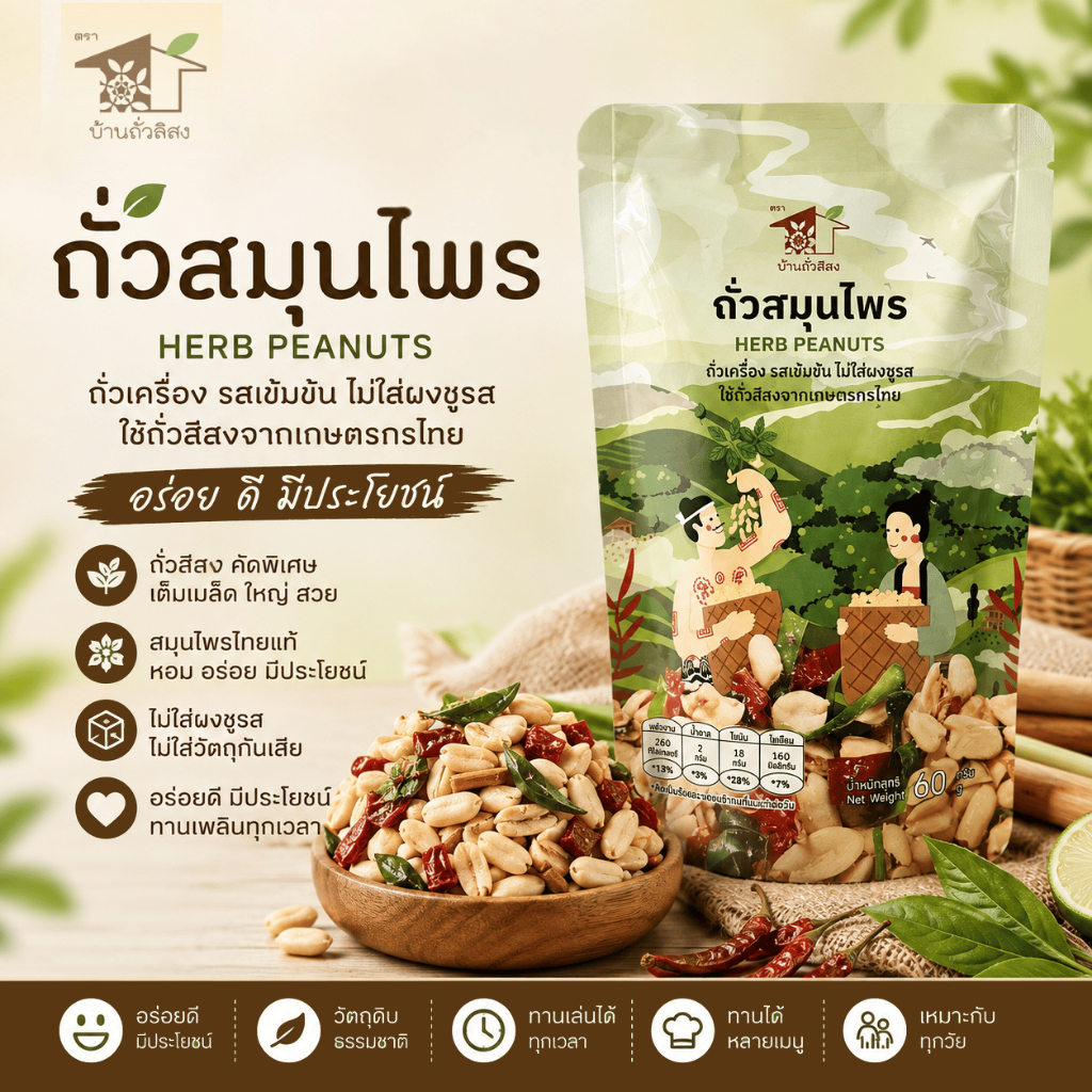 ถั่วสมุนไพร 60 กรัม อร่อย ถึงเครื่องรสเข้มข้นไม่ใส่ผงชูรส ของใหม่