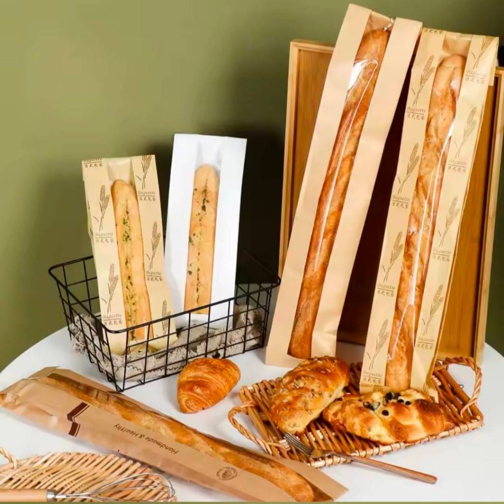 ถุงกระดาษคราฟท์ใส่ขนมปังบาเก็ต( Baguette) ถุงกระดาษหน้าต่างทรงยาว ถุงใส่ขนมปังทรงยาวแพ็ค 25,50 ชิ้น
