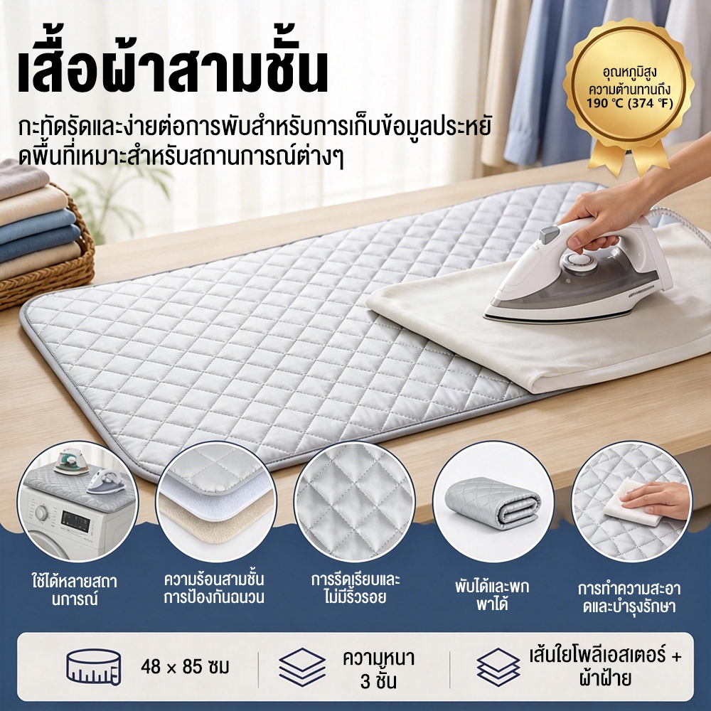 ผ้ารองรีด แผ่นรองรีดสะท้อนความร้อน 48x86cm แผ่นรองรีดอัจฉริยะ (รุ่นธรรมดา/แม่เหล็ก) รีดเรียบเร็ว ประหยัดไฟ