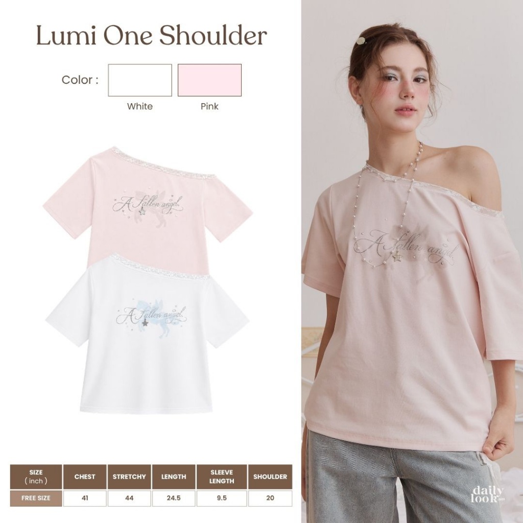 DAILYLOOK.SM --- Lumi one shoulder เสื้อปาดไหล่แต่งขอบด้วยผ้าลูกไม้ ทรง Oversize สกรีนกลิตเตอร์ “A fallen angel”