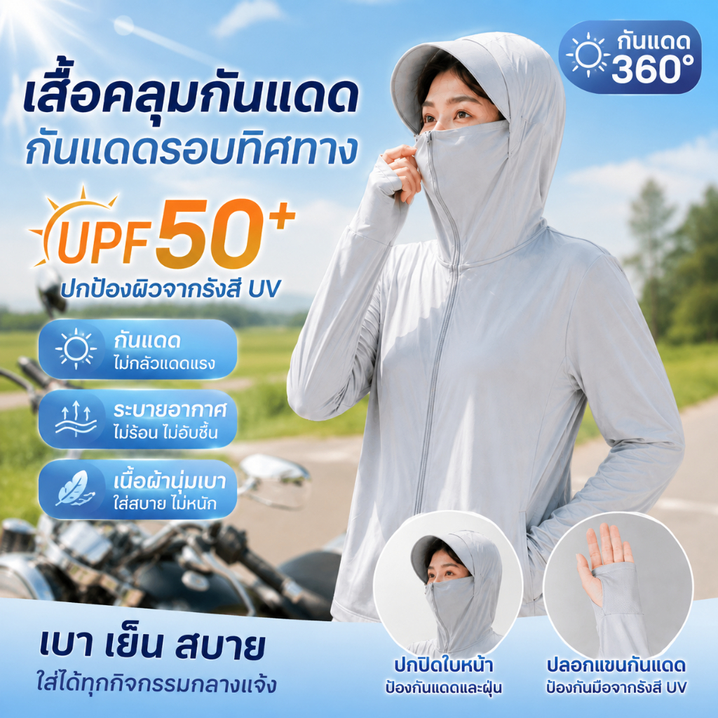 เสื้อกันแดด UPF50+ ผ้าเย็น ระบายอากาศ แห้งเร็ว ป้องกันUV กันแมลง ปลายแขนมีช่องนิ้วโป้ง เหมาะตกปลา เดินป่า