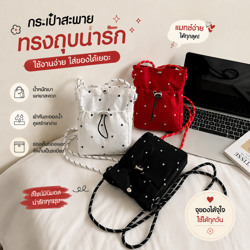 【พร้อมส่ง】Style studio กระเป๋ามือถือสะพายข้างผู้หญิง ดีไซน์มินิมอล ลายดอกแฟชั่น จุของได้ดี ใช้งานได้ทุกวัน