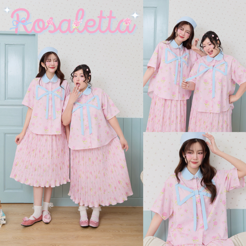 SOULMATE ROSALETTA #SM9347 เซท 2 ชิ้น คอปกบัวกุ๊นขอบฉลุแต่งโบว์ใหญ่ + กระโปรงยาวอัดพลีท
